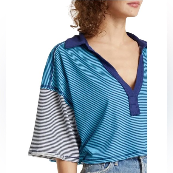 NWT Free People On A Boat Boxy Stripe Crop Polo - Size XL - Picture 3 of 10